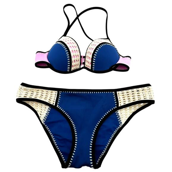 VICTORIA'S SECRET Blue Pink Crochet Boho Hipster Bikini Set 34B Top Large Bottom - Picture 2 of 11